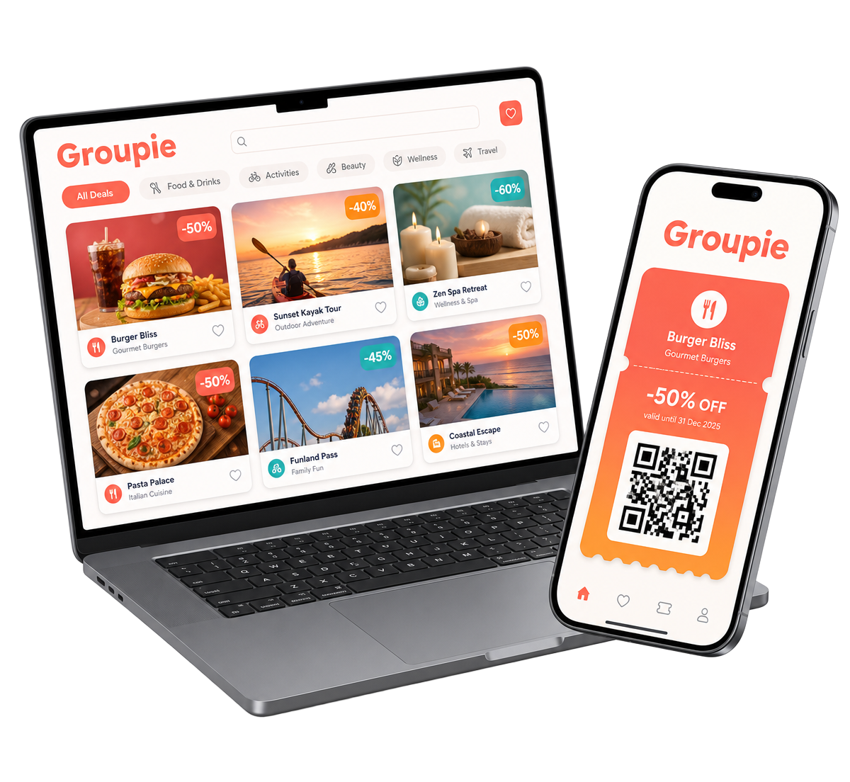 Groupie deals marketplace with discount cards and a QR voucher shown on laptop and mobile